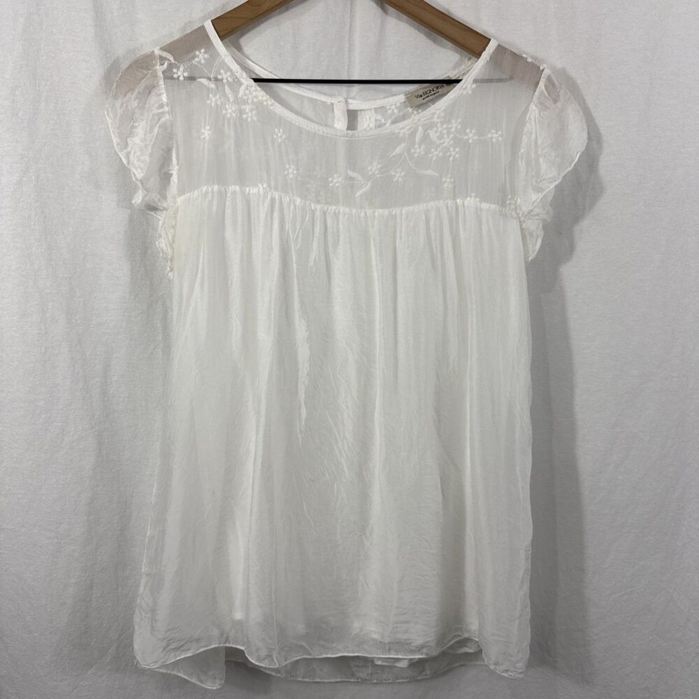 Via Signoria Womens Sz M White Made In Italy Silk Top Ethereal Flowy Lightweight